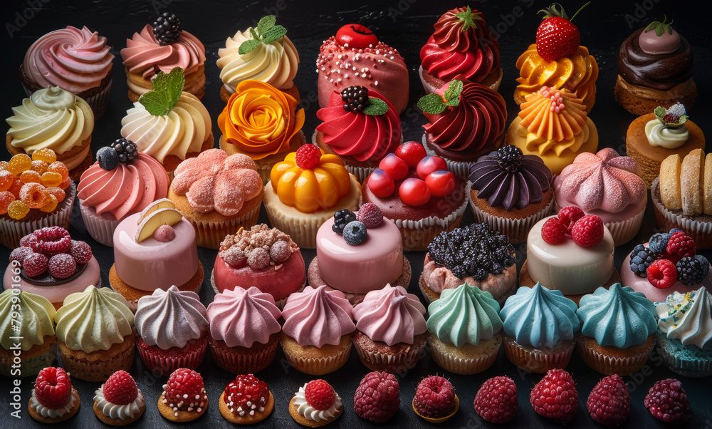 Assorted cupcakes and muffins on black background
