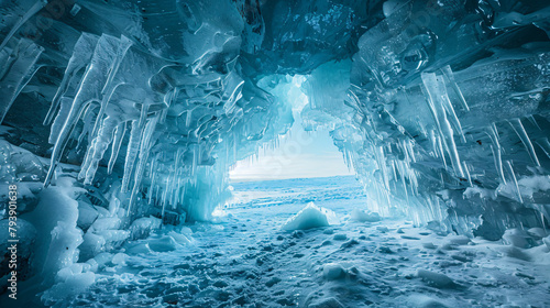 Ice cave with icicles on Baikal lake. Abstract winter
