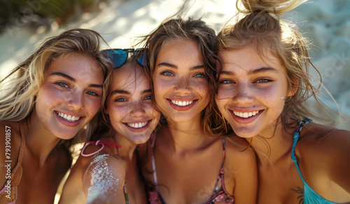 Four beautiful young women taking selfie on the beach photo
