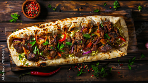 Traditional Armenian pide with meat and paprika on dark background