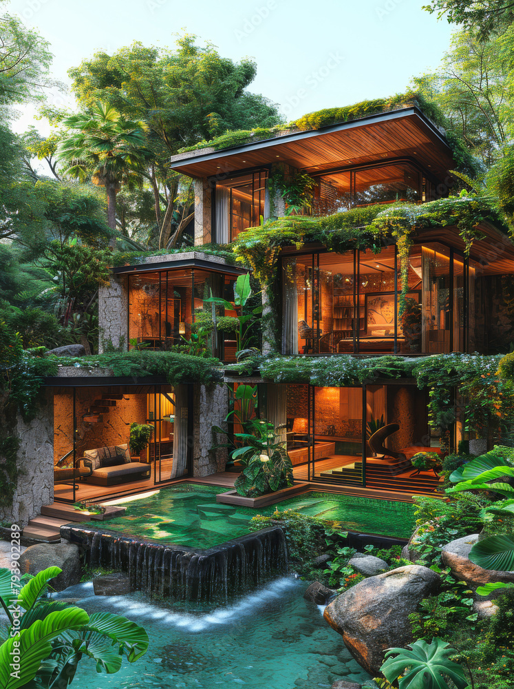 Modern cozy house by the river with pool and lot of green plants on background Modern cozy house by the river with pool and lot of green plants on background