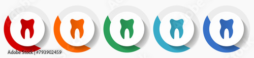 Tooth vector icon set, flat icons for logo design, webdesign and mobile applications, colorful round buttons