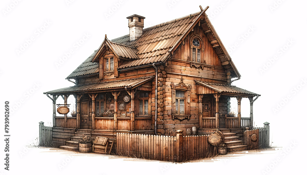 wooden house depicted in a watercolor style