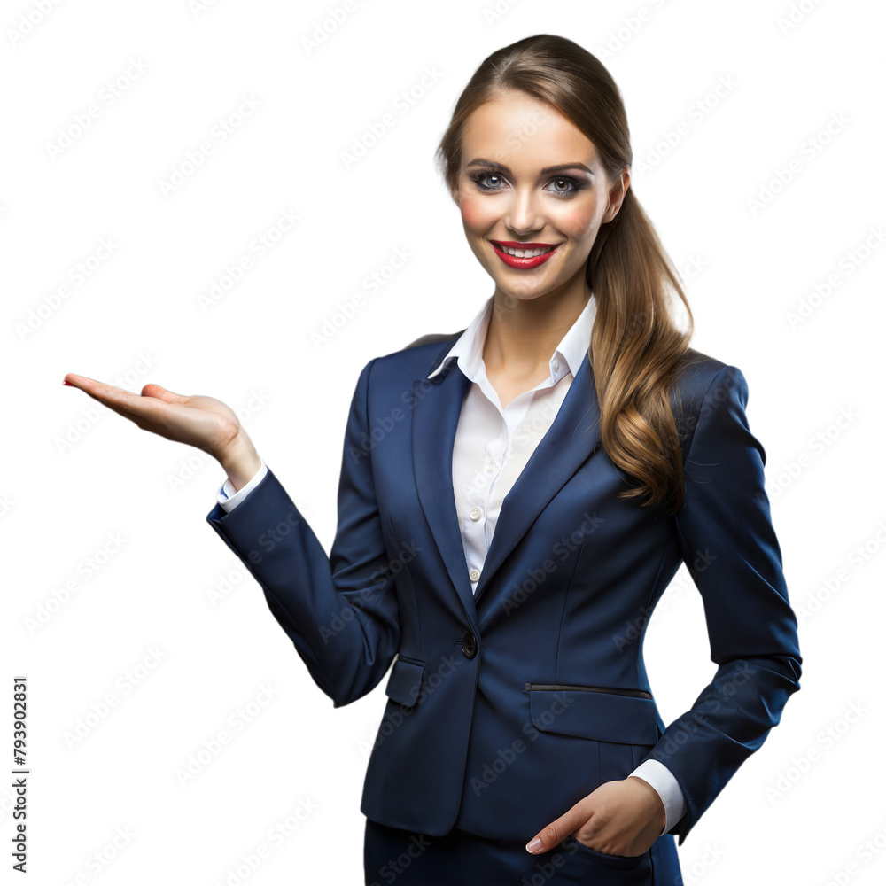 Professional woman in suit presenting an invisible product Professional woman in suit presenting an invisible product