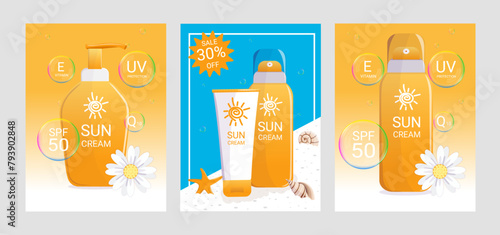 A colorful set of sunscreen flyers on a bright background, symbolizing summer care.