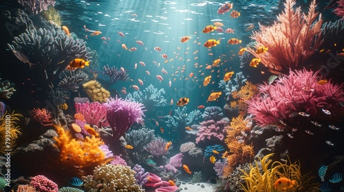 Fototapeta Naklejka Na Ścianę i Meble -  Journey to the heart of a bustling coral reef where octane render showcasing the diversity of marine life. Generative AI.