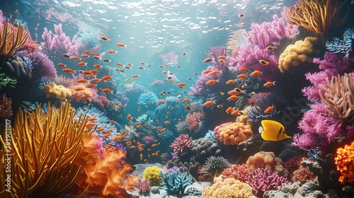 Journey to the heart of a bustling coral reef where octane render showcasing the diversity of marine life. Generative AI. photo