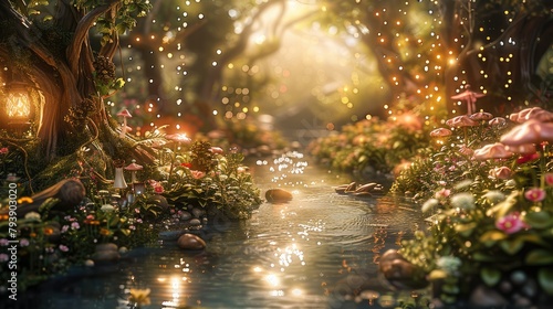 A whimsical 3D enchanted forest with magical creatures and sparkling streams. Generative AI.