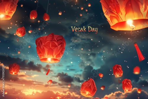 Vesak Day, many wishing lanterns flying across the night sky