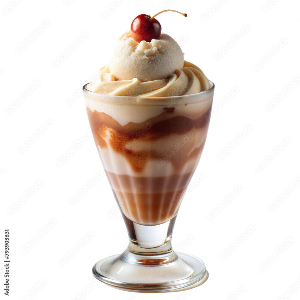 Delicious caramel sundae topped with vanilla ice cream and cherry Delicious caramel sundae topped with vanilla ice cream and cherry