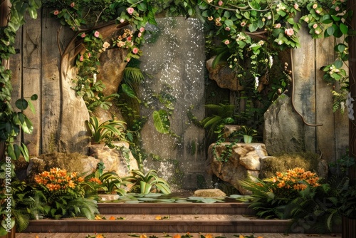 Beautiful tropical garden with waterfall, flowers and plants in the botanical garden