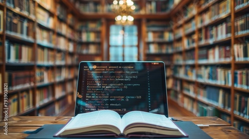 Book And Computer. E-learning online education or internet encyclopedia concept. Open laptop and book compilation in a classroom. e-learning, book, education. Generative AI.