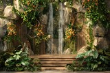 Fantasy garden with waterfall and plants in the botanical garden.