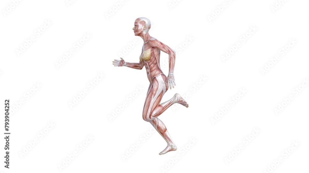 3D Render : a female character with muscle tissue texture is running on the white background with 360 degrees view
3D Render : a female character with muscle tissue texture is running on the white background with 360 degrees view