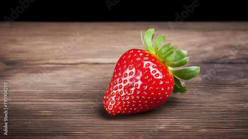 One strawberry on wooden surface