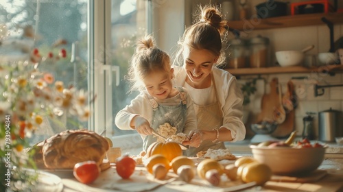 Mother and children cooking a festive breakfast together in a bright kitchen with a sunny window, laughing and enjoying the process. Family bond and Mothers Day. AI Generated