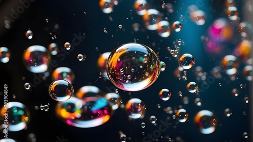 : Soap bubbles floating in the air, reflecting vibrant colors 
