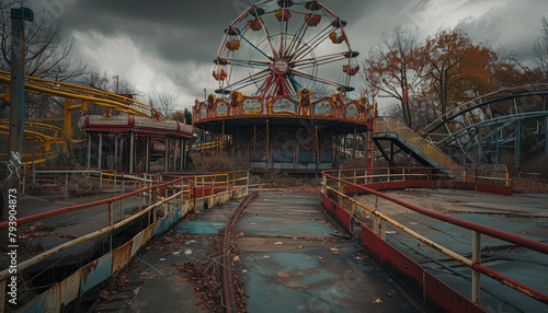 An abandoned amusement park, dark grey and brown and red and green color, rusted infrastructure. Generative AI.