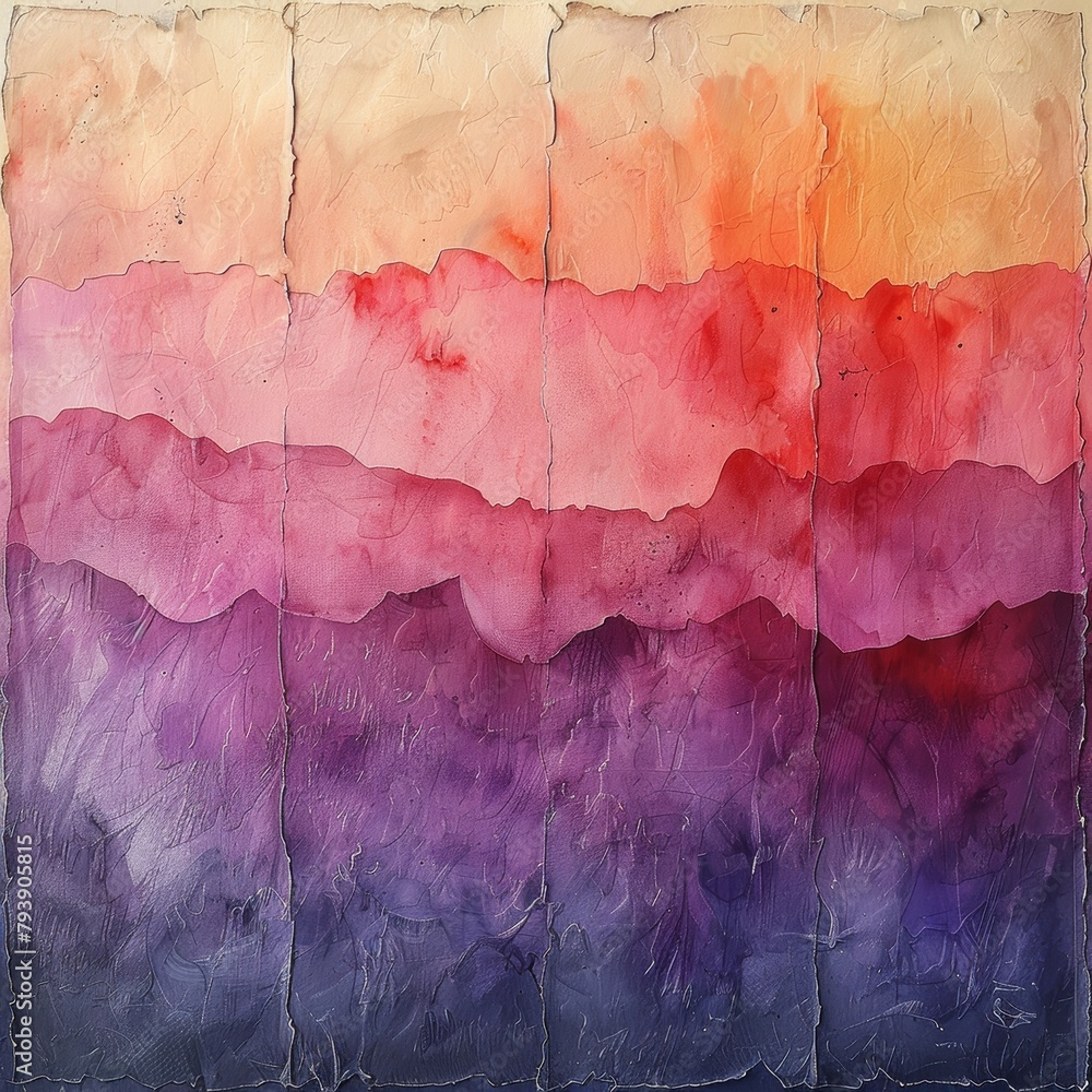 A watercolor painting of a mountain landscape at sunset in shades of purple, pink, orange and yellow. A watercolor painting of a mountain landscape at sunset in shades of purple, pink, orange and yellow.