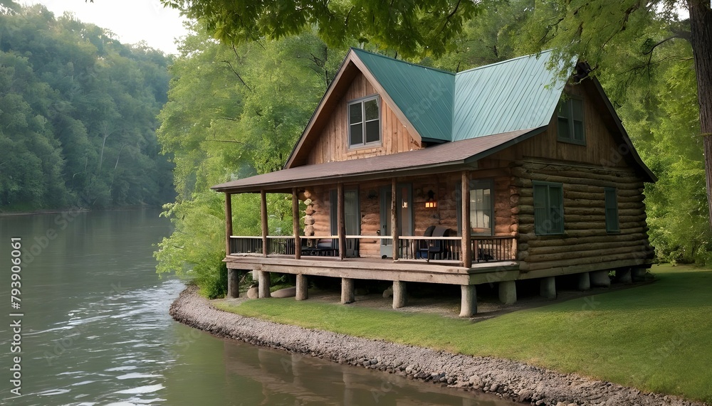 A cozy riverside cabin with a porch overlooking th upscaled 4