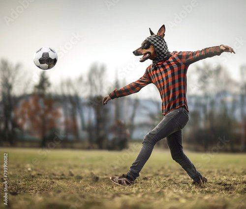 dog breed Doberman plays football
