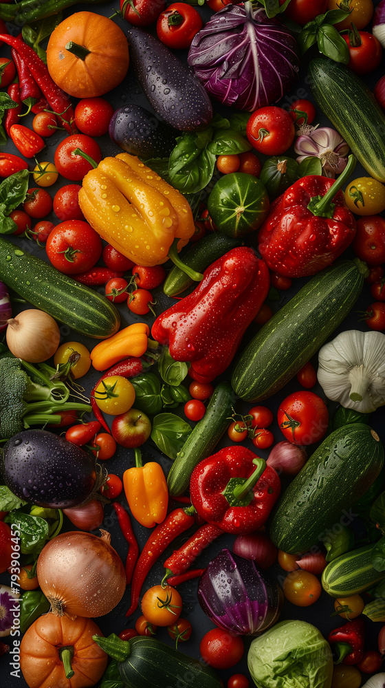 A bountiful array of fresh assorted vegetables, including tomatoes, cucumbers, bell peppers, carrots, and more, is artfully arranged in this captivating overhead composition. Each vegetable glistens 