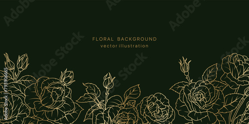Luxury gold rose flower line art background. Floral plant leaf golden frame design card. Summer vintage bouquet luxury pattern. Vector illustration nature spring wedging card