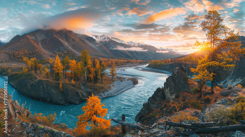 Katun river in autumn mountains at sunset.  photo