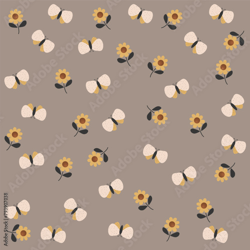 Boho pattern with neutral color. Nature motives, flowers and butterfly pattern, nursery pattern suitable for kids fabric pattern