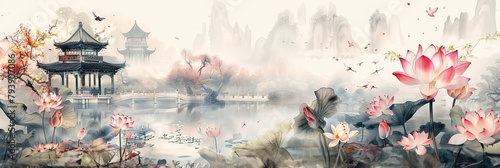 Chinese pavilion near a lake with lotus blooming, classical Chinese painting, illustration banner