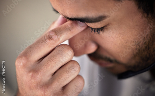 Man, nose and sinus pain with closeup for health, inflammation and sinusitis by allergy. Male person, nasal bone and headache with rhinitis for facial wellness, congestion and sick in discomfort photo