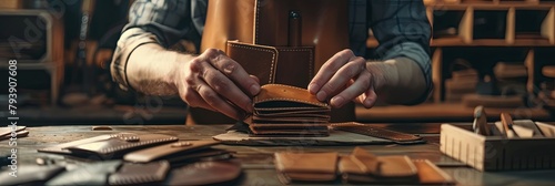 Master tanner in his leather workshop working on a leather wallet, banner