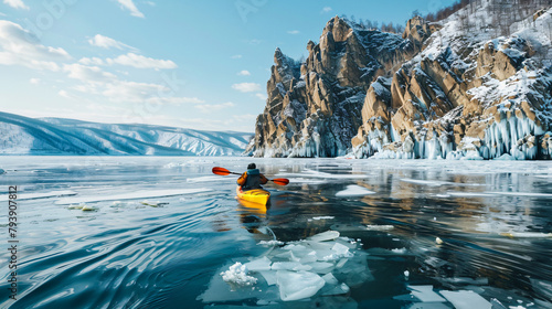 Kayak sailing between ice floes on the lake.  photo