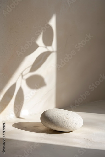 a white rock is placed on the table, with sunlight shining from above and casting soft shadows on it