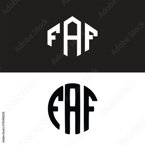 FAF letter logo design in six style. FAF polygon, circle, triangle, hexagon, flat and simple style with black and white color variation letter logo set in one artboard. FAF minimalist and classic logo photo