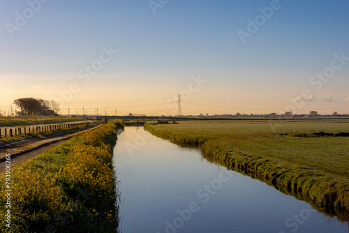 Spring landscape with flat, low land and green meadow, Typical Dutch polder with warm sunlight in morning, Canal or ditch with grass field, Small villages in countryside of Noord Holland, Netherlands.