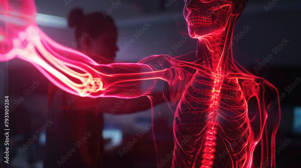 An anatomical human skeleton is depicted with one arm glowing brightly ...