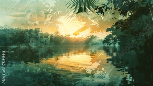 Jungle double exposure  tropical at sunset  sun dusk season plant yellow