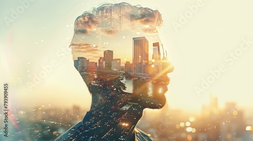 Double exposure, man with cityscape in background, futuristic city life dusk sunlight building exterior photo
