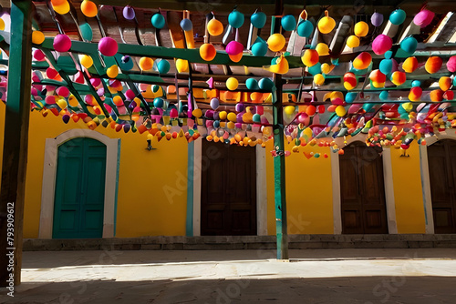 art installation of hanging colored yarn balls in historic oaxaca photo