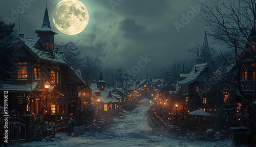 Night Moon, European old town. Generative AI.