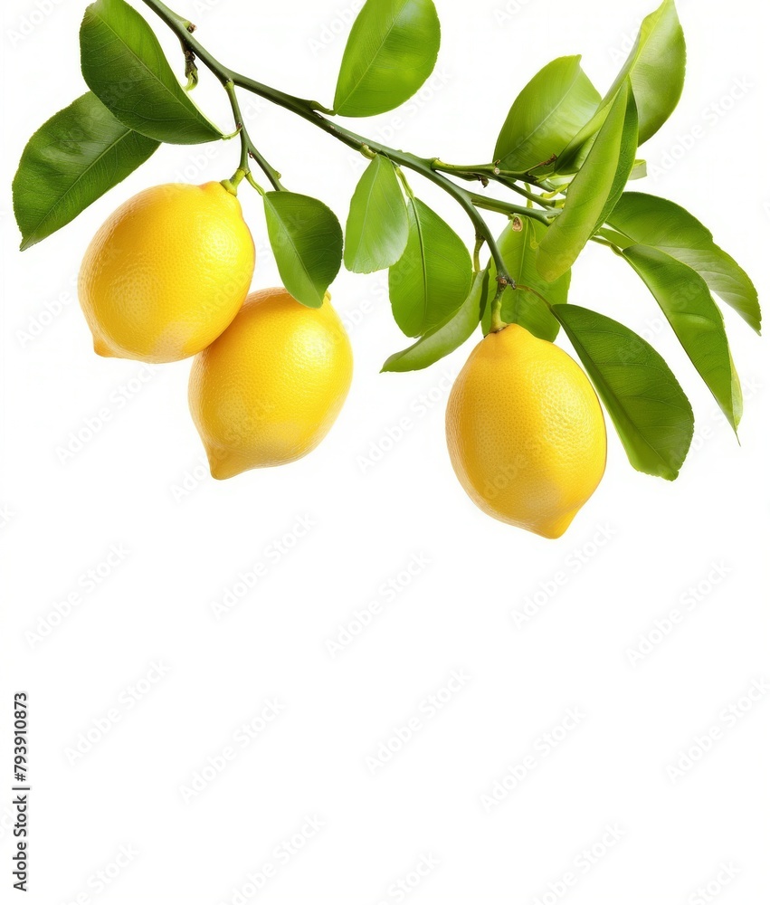 Sun-kissed lemons ripening on a lush branch against a crisp white backdrop