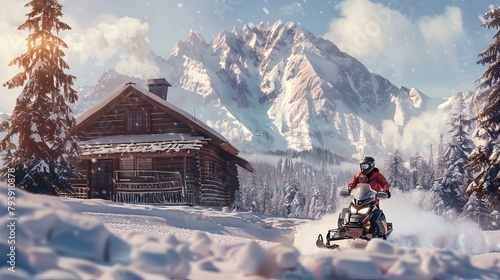 A self-assured individual rides a snowmobile with an aged cabin in the background