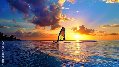 A windsurfer is silhouetted against the sunset, with a natural blue sky version also available photo