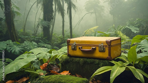 Fototapeta Naklejka Na Ścianę i Meble -  Vintage yellow suitcase hidden in tropical rainforest with lush jungle plants, moody misty natural landscape. Adventure concept