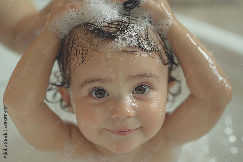 A person enjoys a serene moment in a soapy bubble bath. A person enjoys a serene moment in a soapy bubble bath.