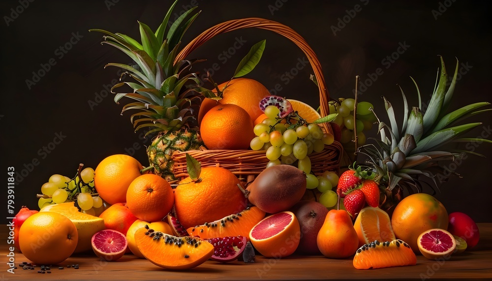 Vibrant Tropical Fruit Bounty in Wicker Basket on Wooden Table Vibrant Tropical Fruit Bounty in Wicker Basket on Wooden Table