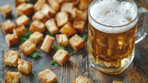 Lager beer and bread croutons presented on a wooden surface