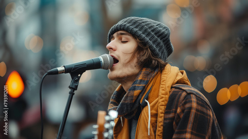 Young man playing guitar, singing into microphone on street.