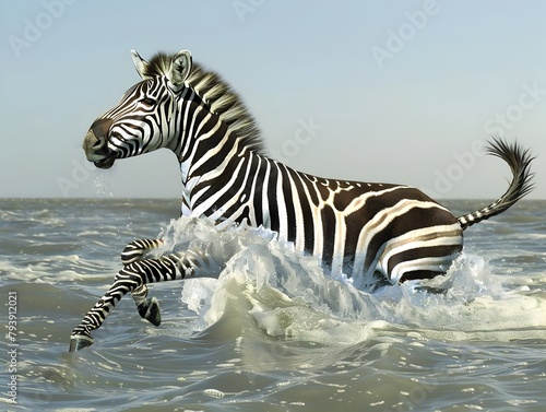 Zebra Leaping through Crashing Waves in Open Ocean Seascape